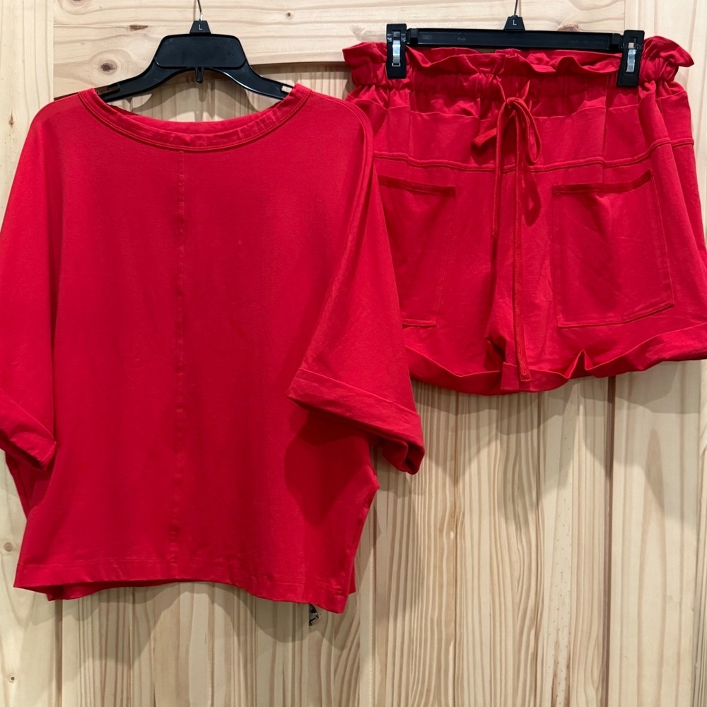 Red Paperbag Waist Shorts and Oversized Boxy Top Two Piece Lounge Set L